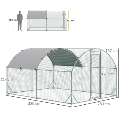 PawHut 2.8 x 3.8 x 2m Walk In Chicken Run Galvanised Chicken Coop with Water-Resist Cover, Silver