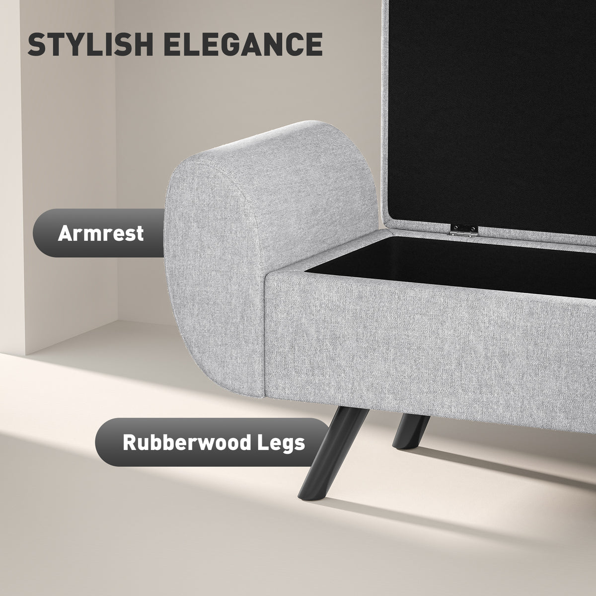 HOMCOM Storage Ottoman with Armrest, Window Seat, Upholstered Linen Storage Bench with Rubberwood Legs, Footstool for Bedroom Living Room, Hallway, Light Grey