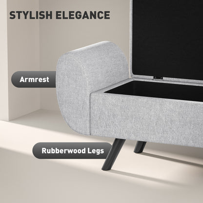HOMCOM Storage Ottoman with Armrest, Window Seat, Upholstered Linen Storage Bench with Rubberwood Legs, Footstool for Bedroom Living Room, Hallway, Light Grey