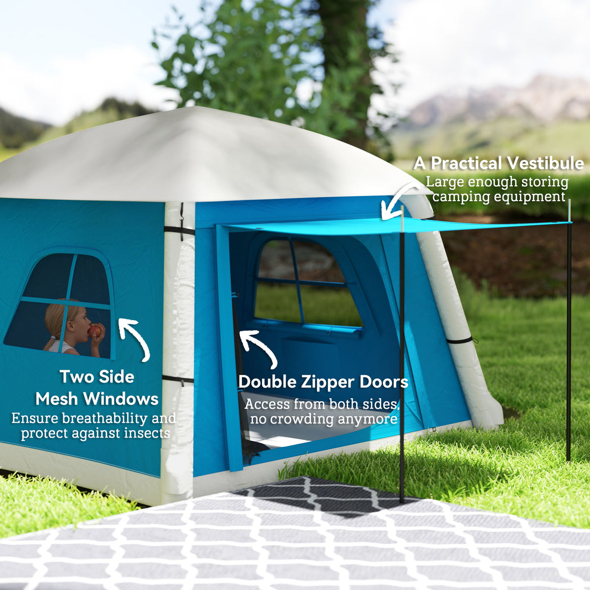 Outsunny Inflatable Camping Tent with Hand Pump, Easy Setup 1/2 Person Blackout Blow Up Tent, Light Blue