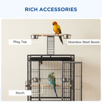 PawHut 156cm Bird Cage, Parrot Cage with Open Play Top, Perch, Seed Guard, Wheels, Storage Shelf, Dark Grey