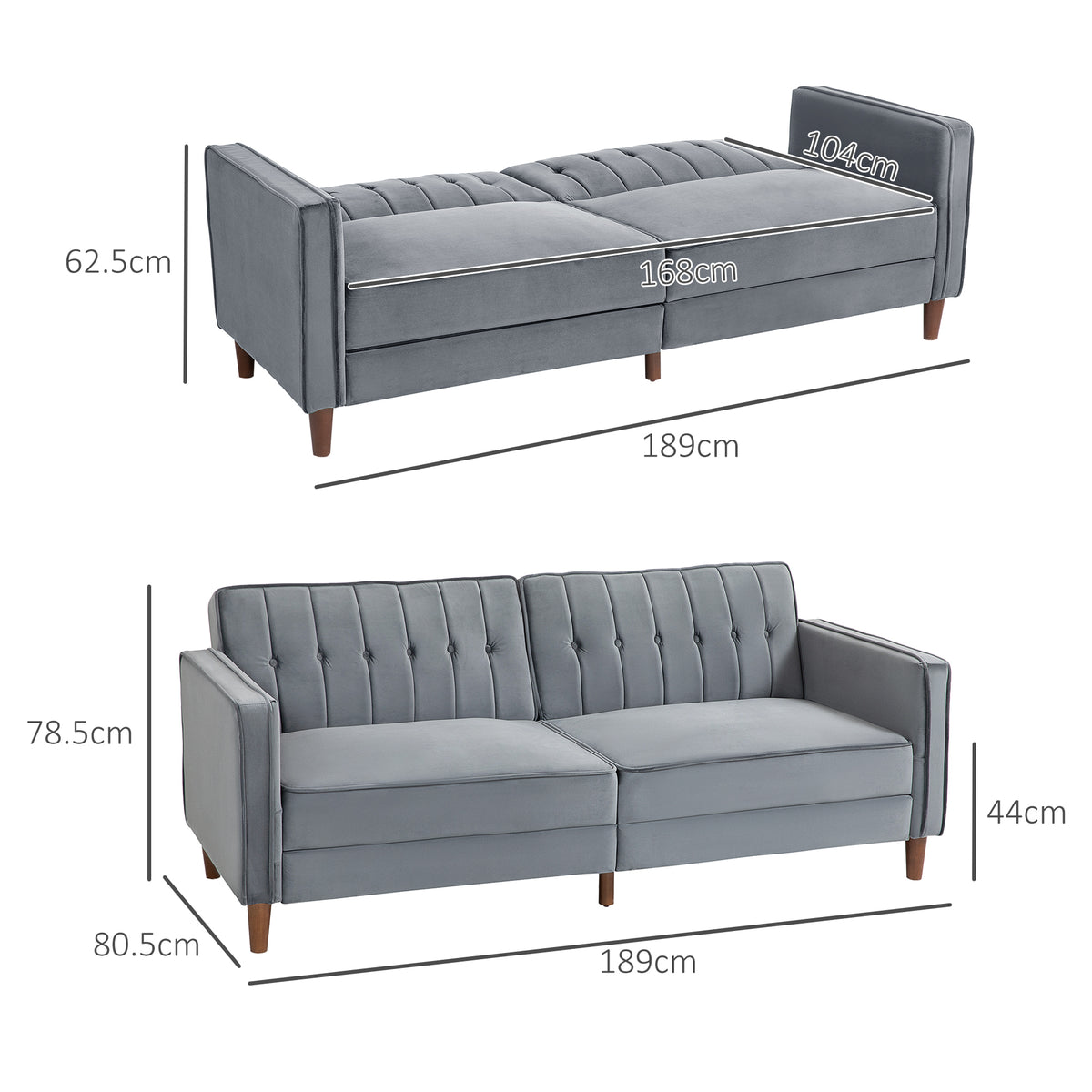 HOMCOM Velvet-Feel Three-Seater Sofa Bed with Wooden Legs, 300 kg - Dark Grey