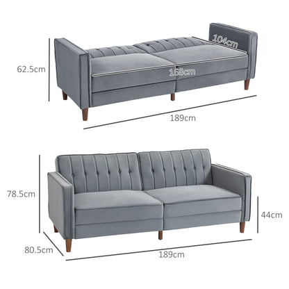 HOMCOM Velvet-Feel Three-Seater Sofa Bed with Wooden Legs, 300 kg - Dark Grey