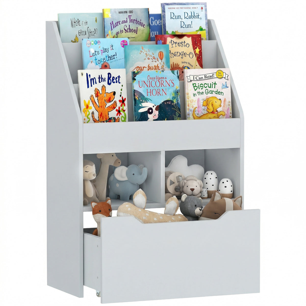 HOMCOM Kids Bookshelf, Toy Organiser, with Storage Drawer, Wheels - Grey