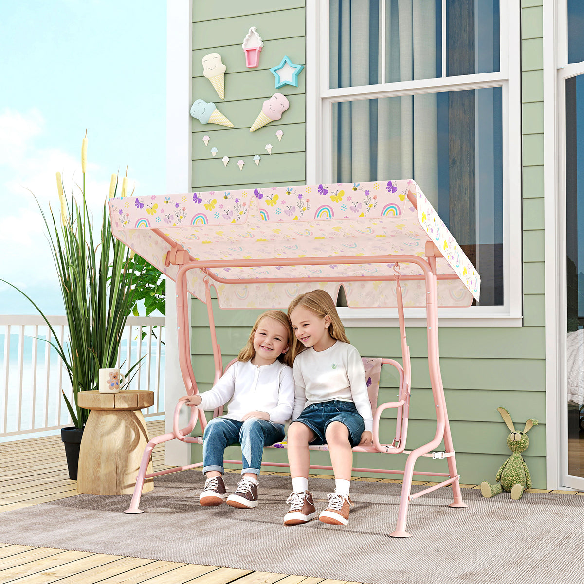 AIYAPLAY Kids Garden Swing Chair with Adjustable Canopy, Safety Belt, 2 Seater Hammock Swing Bench for Patio, Porch, Pink