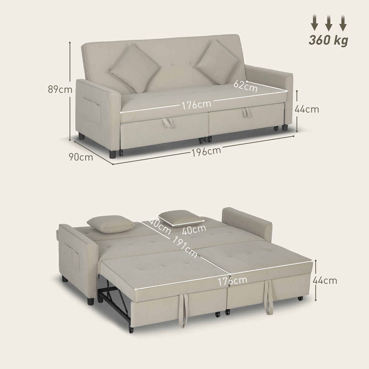 HOMCOM 3 Seater Velvet Sofa Bed, Convertible Pull-Out  Sofa Bed with Adjustable Backrest, Space Saving Living Room Sofa, Beige