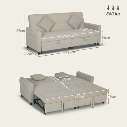 HOMCOM 3 Seater Velvet Sofa Bed, Convertible Pull-Out  Sofa Bed with Adjustable Backrest, Space Saving Living Room Sofa, Beige