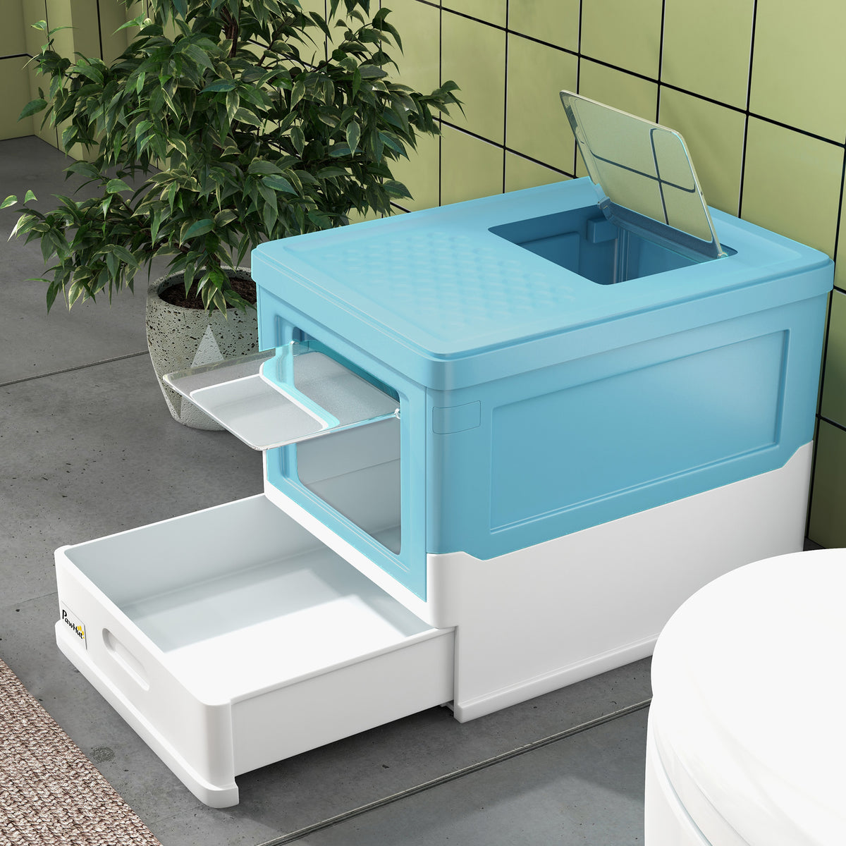 PawHut Hooded Cat Litter Box, Portable Pet Toilet, with Scoop, Front Entry - Light Blue
