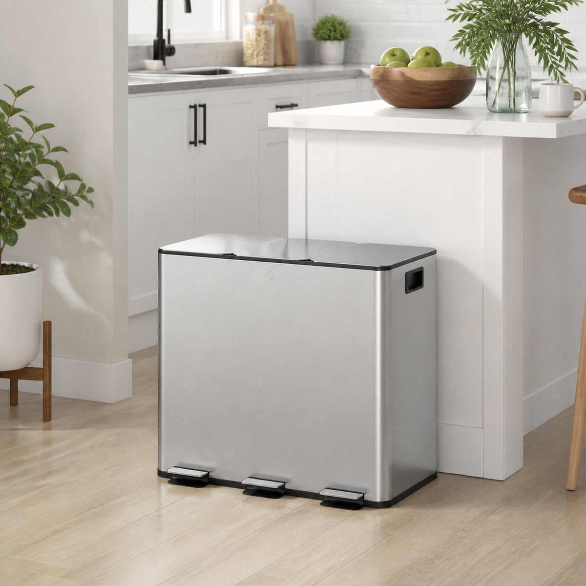 HOMCOM 3 x 15L Pedal Bin, Steel Triple Kitchen Bin with Soft Close Lid, Removable Inner Buckets, Fingerprint-Proof, Silver Tone