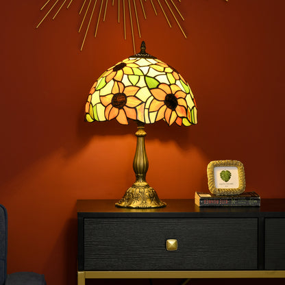 HOMCOM Tiffany Stained Glass Table Lamp, Handmade Antique Bedside Lamp for Bedroom, Living room, Home, Nightstand, Decorative Night Light, Orange Sunflower
