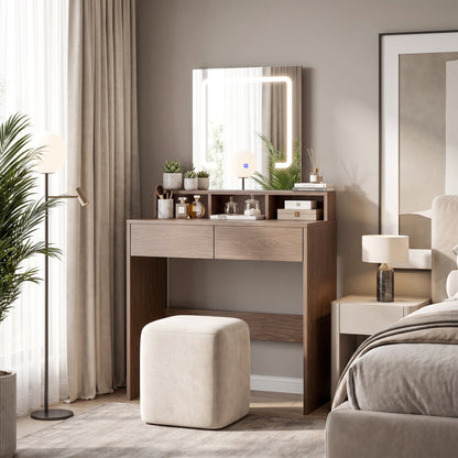 HOMCOM Vanity Table, Dressing Table with Mirror, LED Lights, 2 Drawers, 3 Compartments, 3 Colour Lighting, Walnut