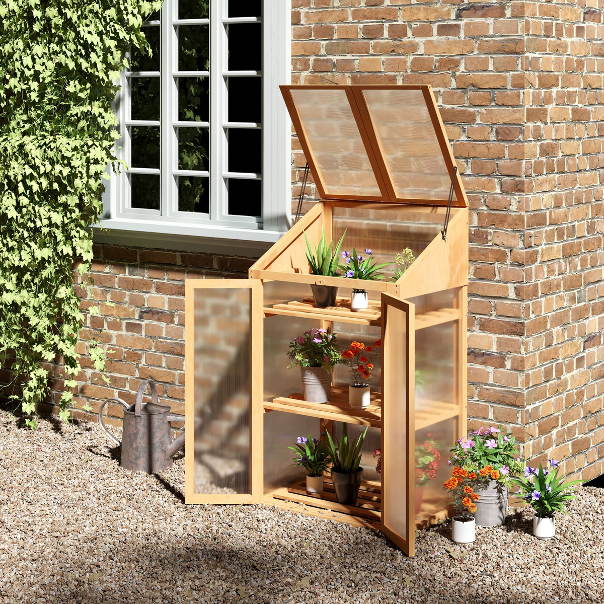 Outsunny Wooden Cold Frame Polycarbonate Greenhouse with Openable Top Cover and Double Door, Grow House for Flower, Vegetable and Plants, 70 x 50 x 120cm, Brown
