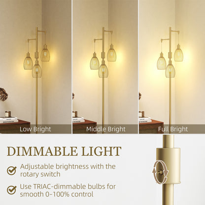 HOMCOM 3-Light Floor Lamp, 170cm Industrial Dimmable Standing Lamp with Steel Wire Cage Lampshades for Living Room, Bedroom, Dining Room, Study, Bulb Not Included, Gold Tone