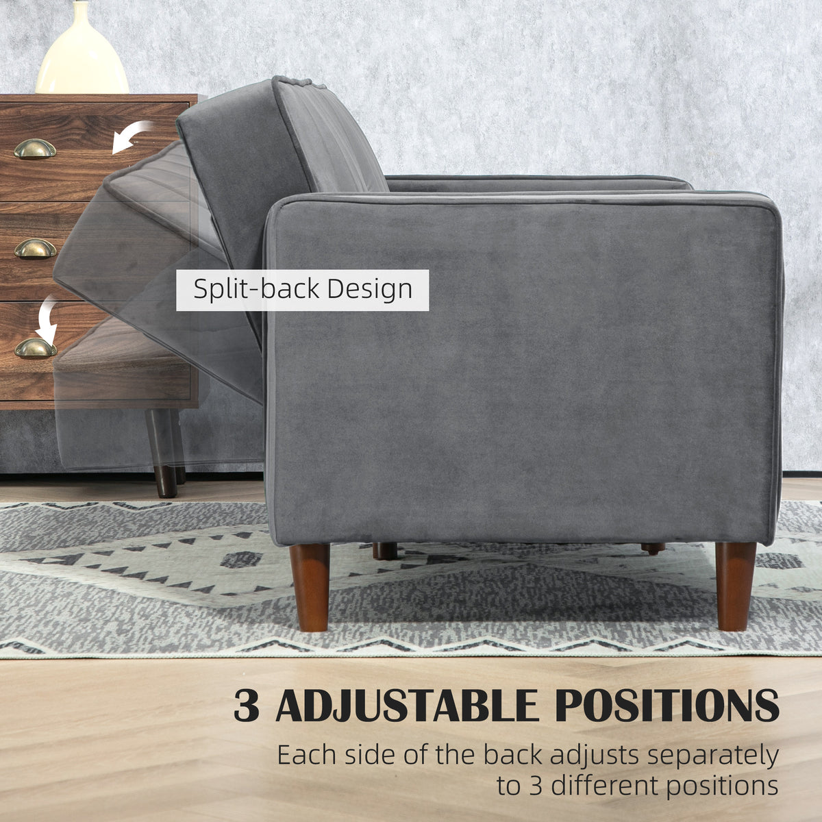 HOMCOM Velvet-Feel Three-Seater Sofa Bed with Wooden Legs, 300 kg - Dark Grey