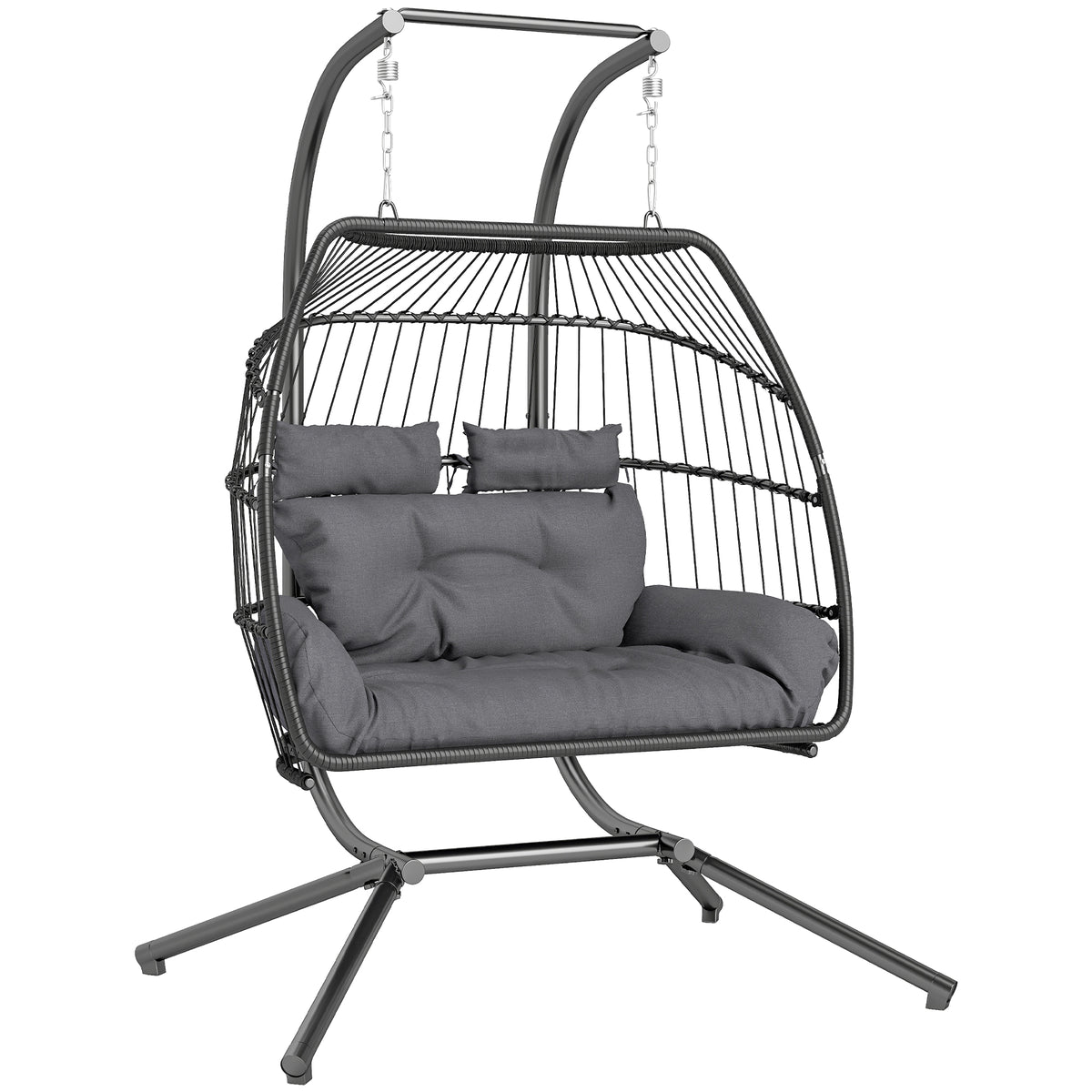 Outsunny Rattan Double Hanging Egg Chair with Stand, Foldable Wicker Swing Egg Chair with Cushion, Head Pillows, Steel Frame, Hammock Chair for Indoor Outdoor, Capacity 260 kg, Dark Grey