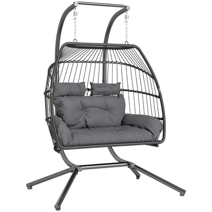 Outsunny Rattan Double Hanging Egg Chair with Stand, Foldable Wicker Swing Egg Chair with Cushion, Head Pillows, Steel Frame, Hammock Chair for Indoor Outdoor, Capacity 260 kg, Dark Grey