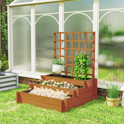 Outsunny 3 Tier Garden Planters with Trellis for Vine Climbing, Wooden Raised Beds, 95x95x110cm, Brown
