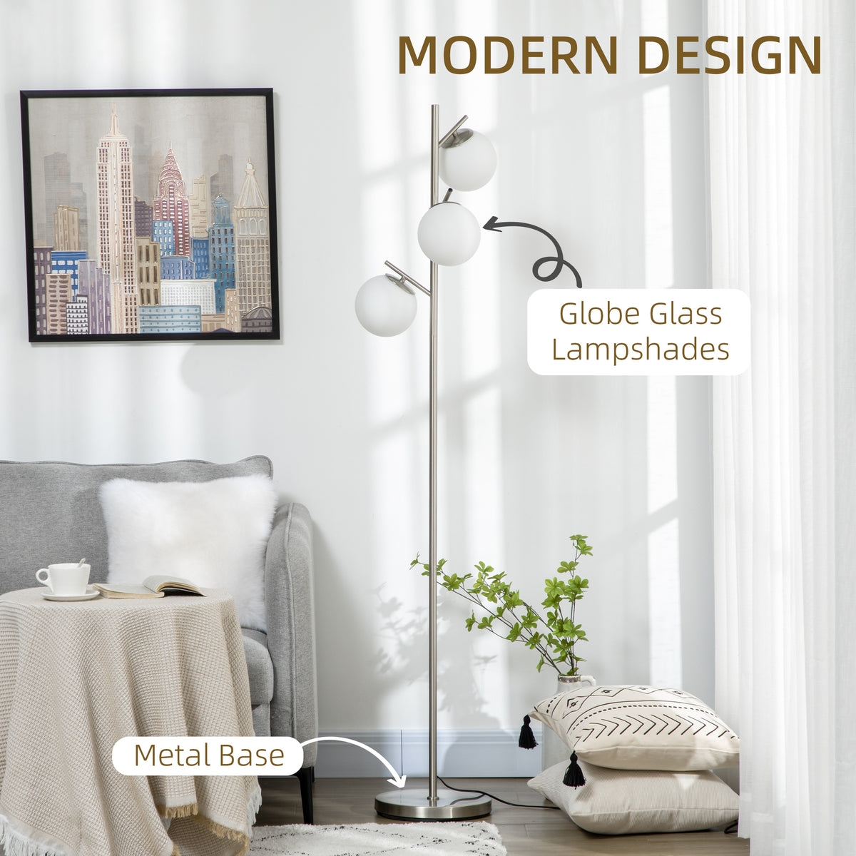 HOMCOM 3-Light Tree Floor Lamps for Living Room, Modern Standing Lamp for Bedroom with Globe Lampshade, Steel Base, Bulb not Included, Silver Tone