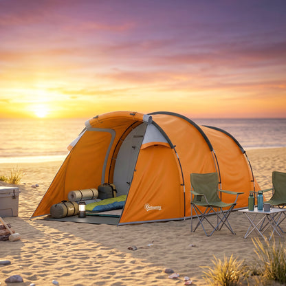 Outsunny 2 Man Tunnel Tent with Sewn-in Groundsheet, Air Vents, Rainfly, 2000mm Large Camping Tent with Bedroom, Porch, Living Area for Camping, Hiking, 426L x 206W x 154H cm, Orange