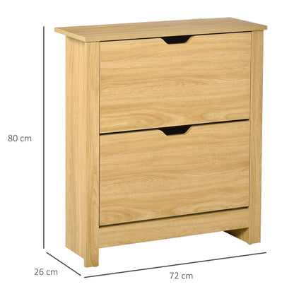 HOMCOM Narrow Shoe Cabinet, Space Saving Shoe Storage Cabinet with 2 Flip Drawers and Adjustable Shelves for 6-12 Pairs of Shoes for Hallways and Living Room, Natural Wood Finish