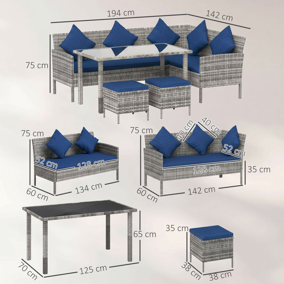 Outsunny 5 Pieces Rattan Garden Furniture Set with Dining Table, Cushions - Dark Blue
