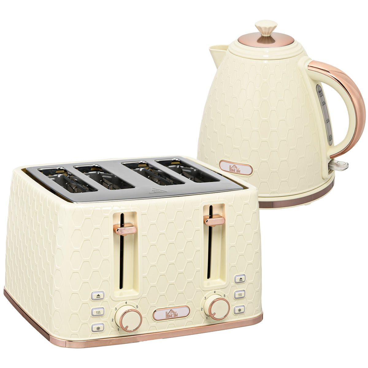 HOMCOM Kettle and Toaster Set, 1.7L 3000W Fast Boil Jug Kettle, 4 Slice Toaster with 7 Level Browning Controls, Beige