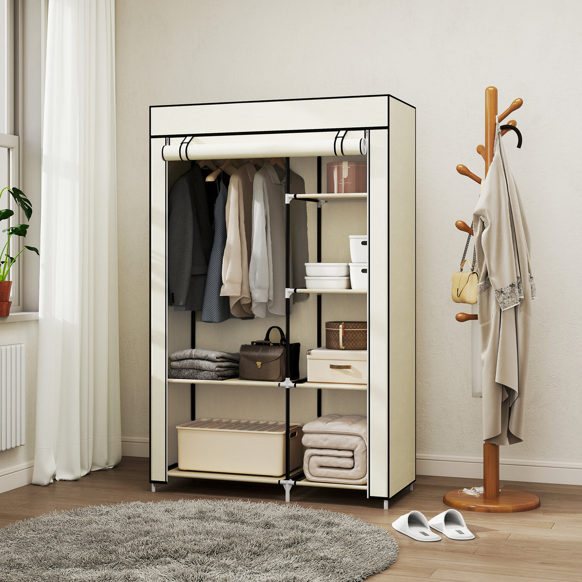 HOMCOM Fabric Wardrobe w/ Shelves Hanging Rail Foldable Wardrobe Cream