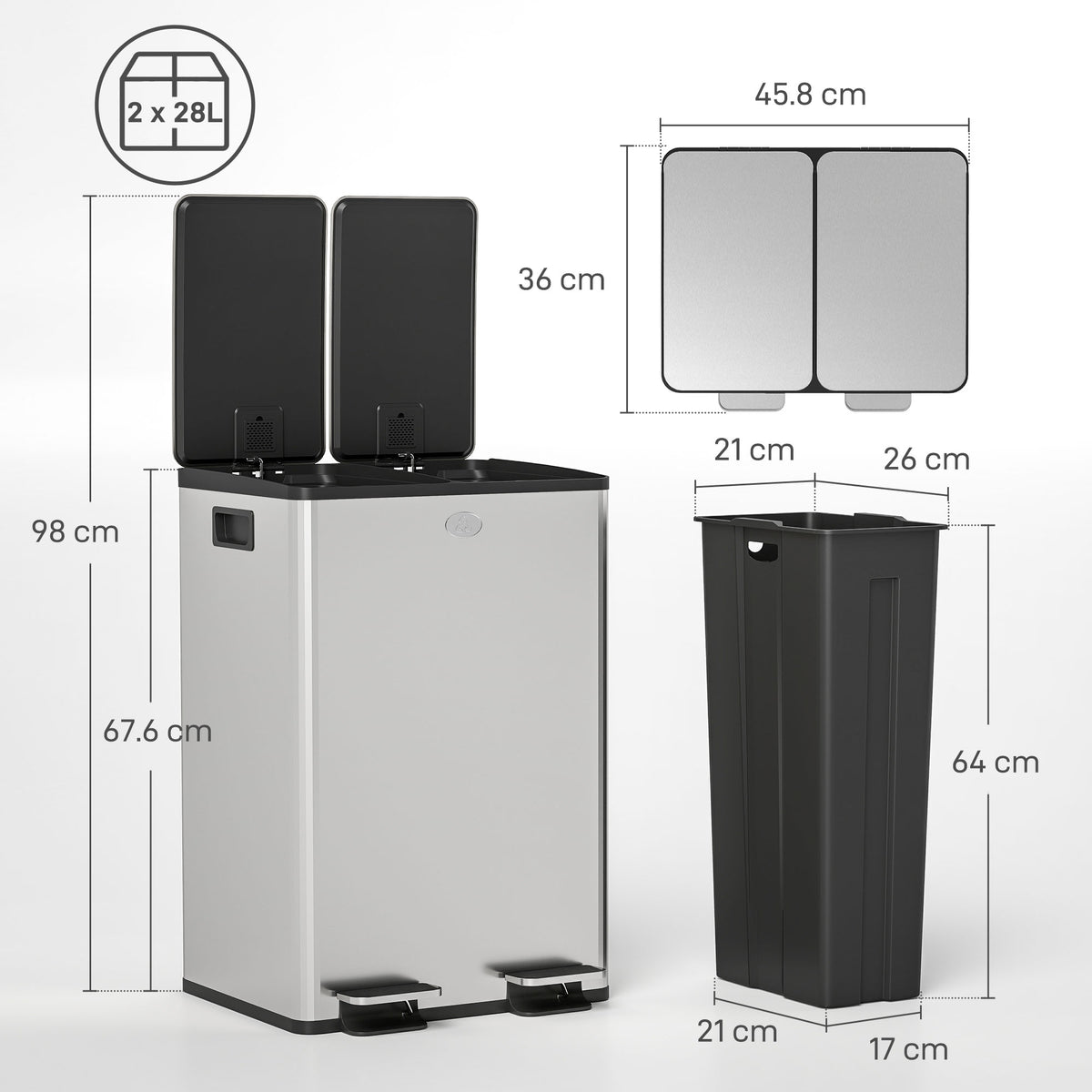 HOMCOM 56L Dual Compartment Stainless Steel Bin, with Deodoriser Holders - Silver Tone