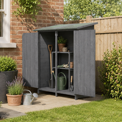 Outsunny 139 x 75 Fir Wood Garden Shed with Asphalt Roof and Secure Double Doors - Grey