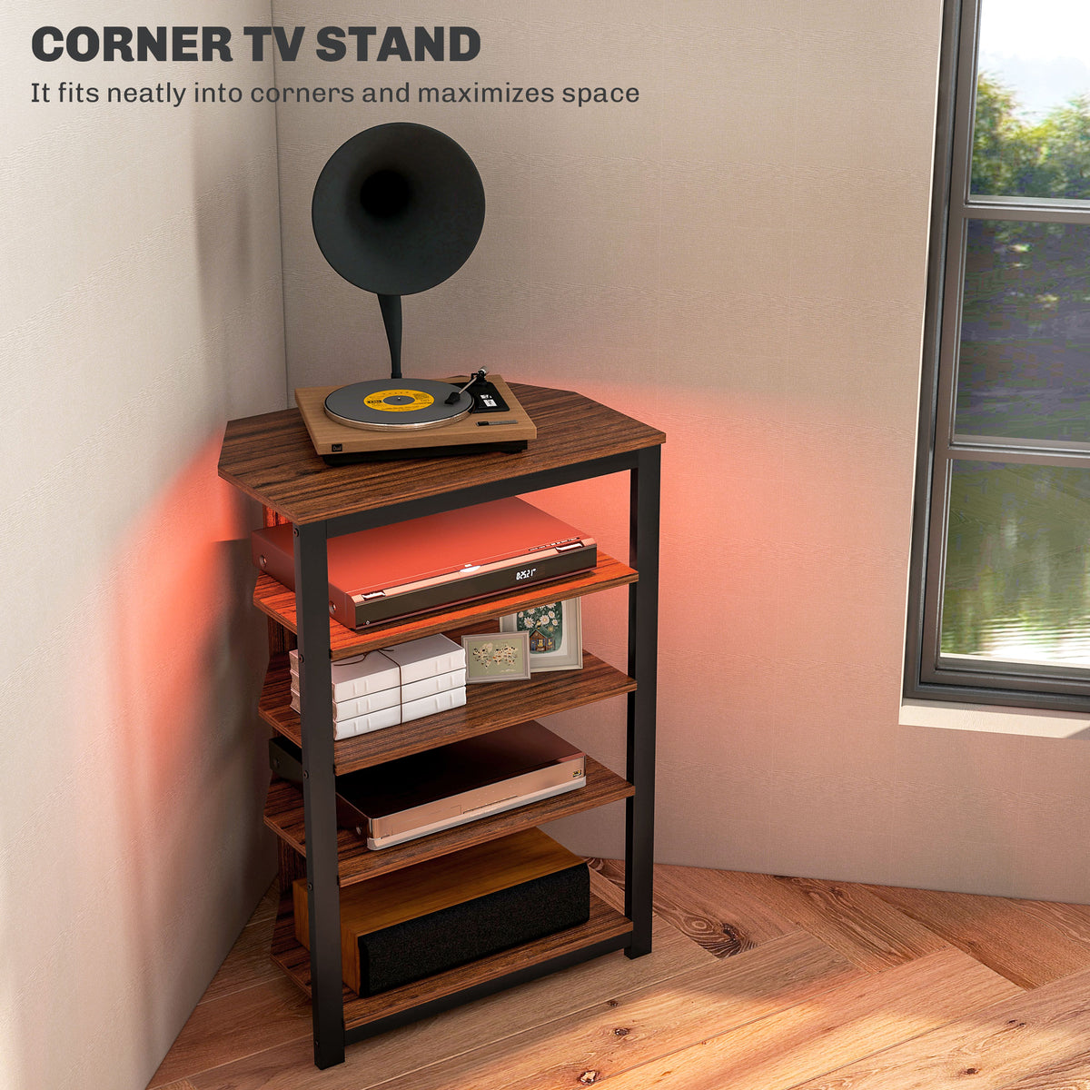 HOMCOM 4-Tier Corner TV Stand with Storage, LED Lights, Cable Management, Small Entertainment Centre for TVs up to 29", for Living Room, Bedroom, Brown Wood Effect