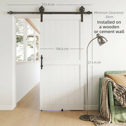 HOMCOM 213.4cm Sliding Barn Door Kit, Sliding Door with Track, Hardware, Upgraded Rollers and Floor Guide, Handle, White