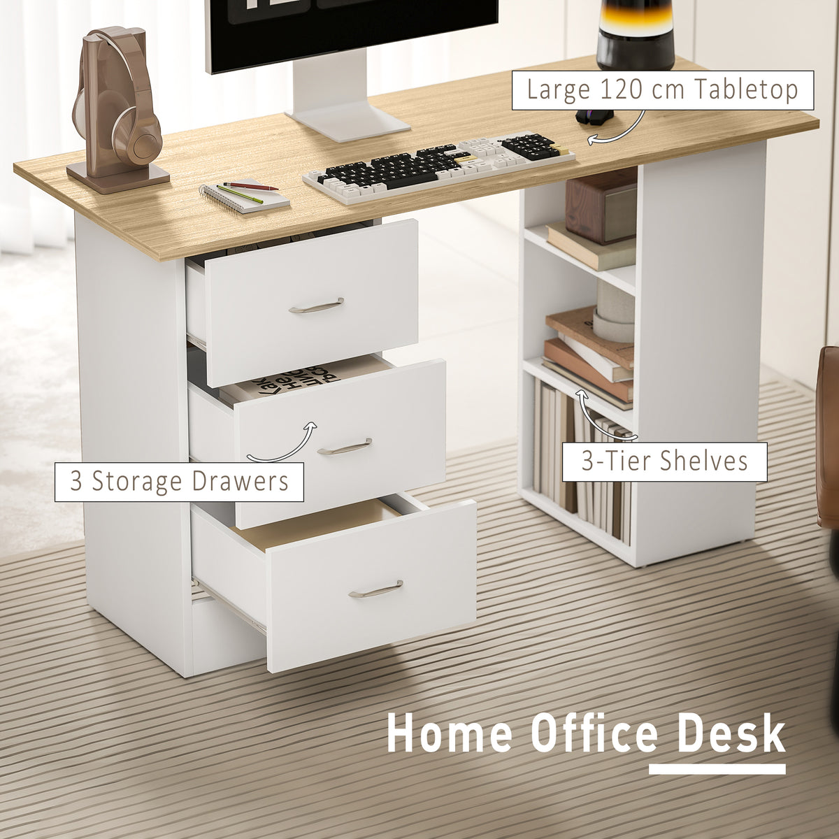 HOMCOM Computer Desk with Drawers, Home Office Desk, Writing Table, PC Workstation with 3 Storage Shelves for Working, Study, 120 x 49 x 72 cm, Natural Wood Finish and White