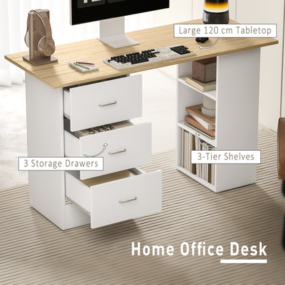 HOMCOM Computer Desk with Drawers, Home Office Desk, Writing Table, PC Workstation with 3 Storage Shelves for Working, Study, 120 x 49 x 72 cm, Natural Wood Finish and White
