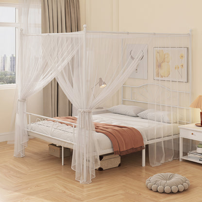 HOMCOM Canopy Bed Frame Double Size, Metal Platform Bed Frame with Headboard and Footboard, Underbed Storage, White