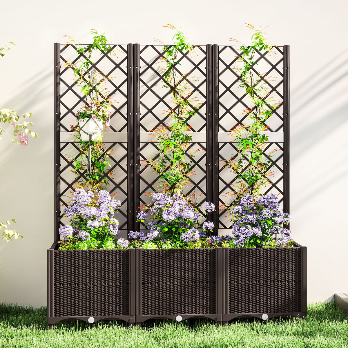 Outsunny Raised Garden Bed with Trellis, Plastic Planter Box with Drainage Holes, Drain Plugs and Water Reservoirs for Climbing Plants, Vegetables, Flowers, Brown