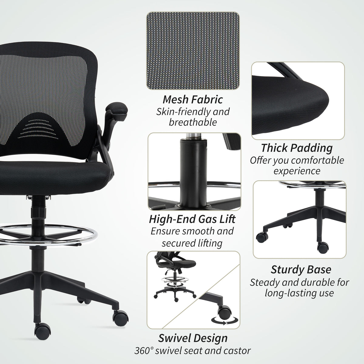 Vinsetto Drafting Chair with Flip-up Armrest, Mesh Office Stool with Foot Ring, 360 Degree Swivel Height Adjustable Chair for Standing Desk, Black
