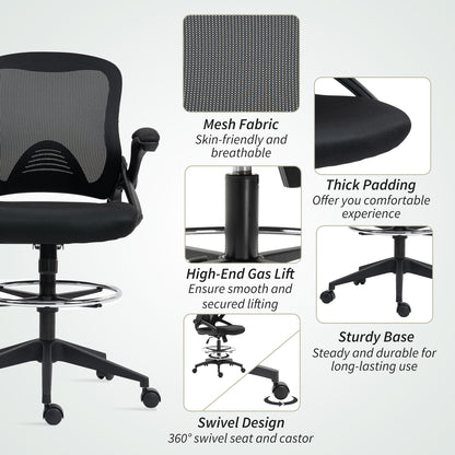Vinsetto Drafting Chair with Flip-up Armrest, Mesh Office Stool with Foot Ring, 360 Degree Swivel Height Adjustable Chair for Standing Desk, Black