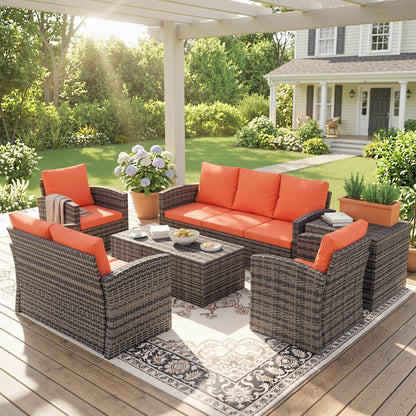 Outsunny 6 Pieces Rattan Garden Furniture Set, 7 Seater Wicker Outdoor Furniture Set with Storage Tea Table & Side Table, Sectional Garden Sofa Set with Cushions, Orange