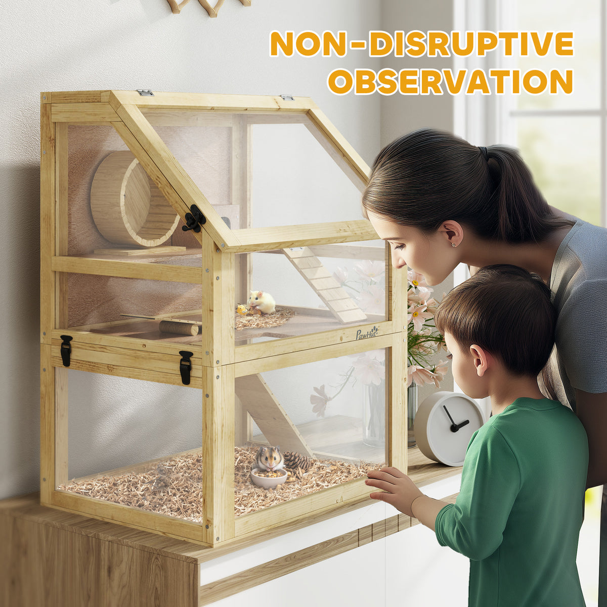 PawHut Wooden Hamster Cage with Detachable 32cm Deep Bottom, Hut, Seesaw, Exercise Wheel, Ramp, 60 x 40 x 75cm, Natural