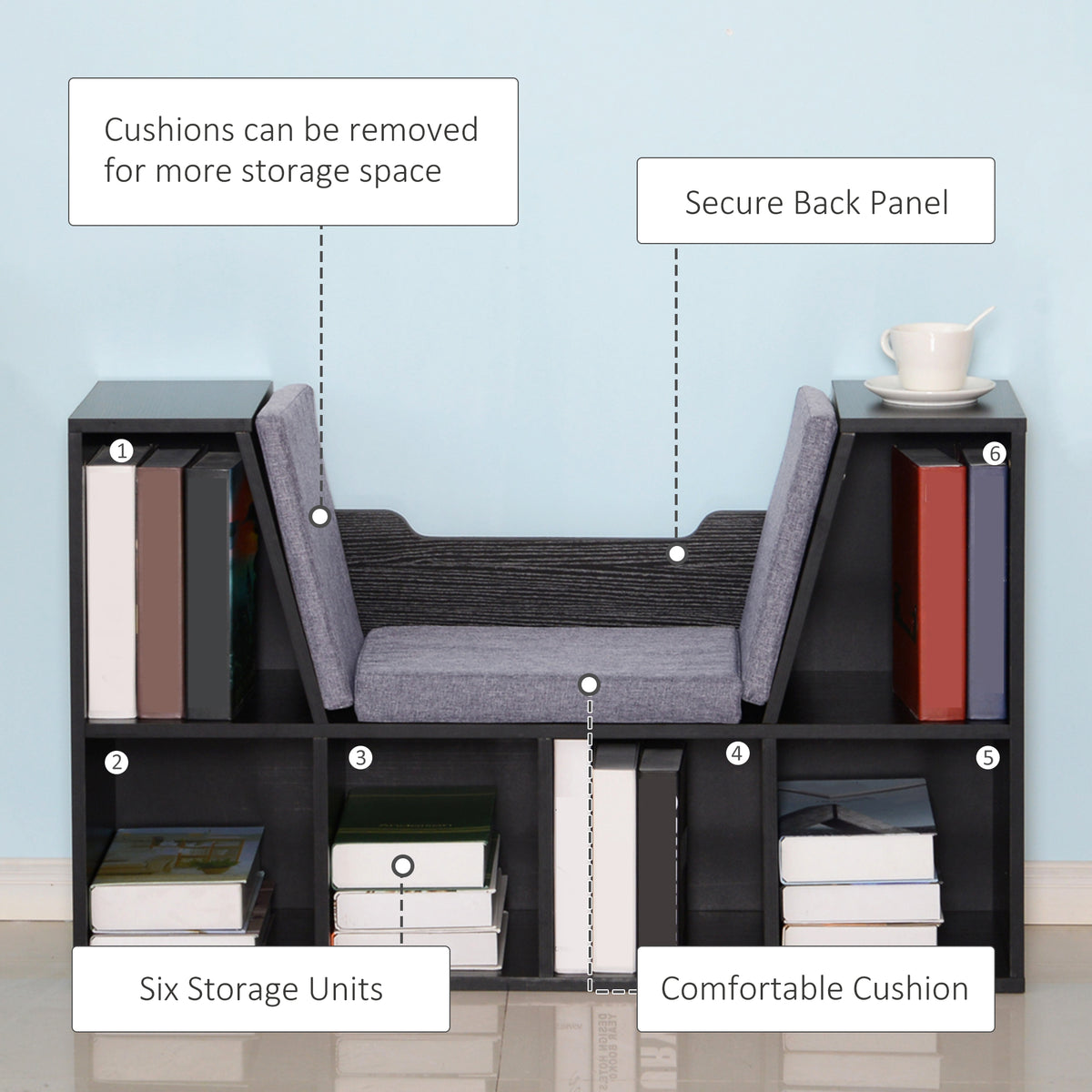 HOMCOM Bookcase Storage Shelf with Cushioned Reading Seat, Cube Bookshelf Organizer for Bedroom Living Room, Black