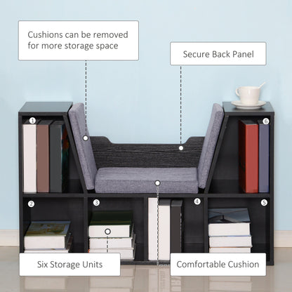 HOMCOM Bookcase Storage Shelf with Cushioned Reading Seat, Cube Bookshelf Organizer for Bedroom Living Room, Black