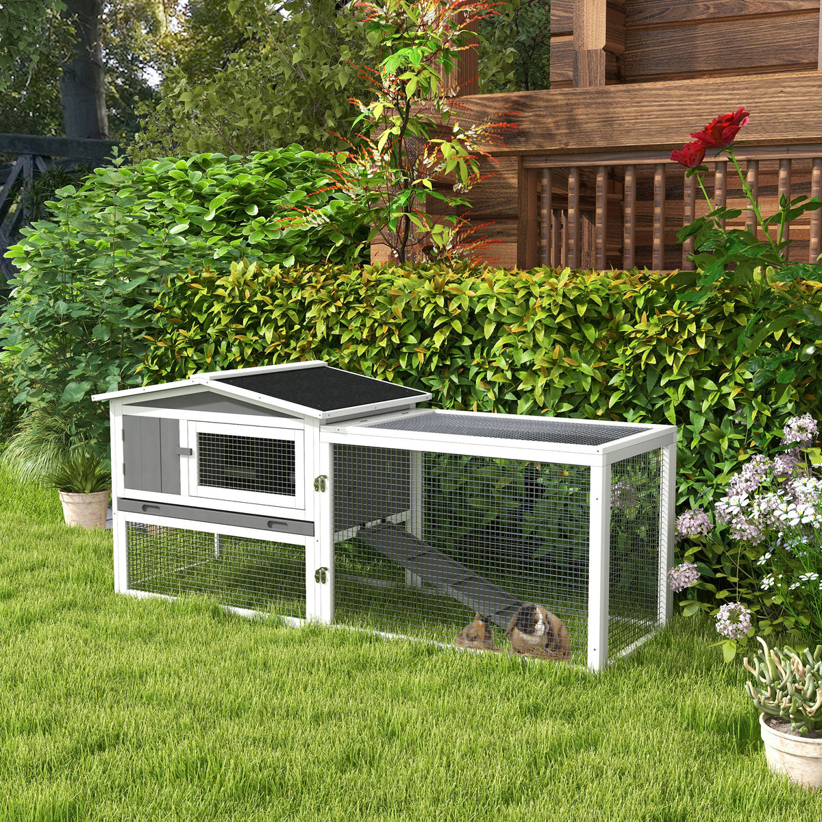 PawHut Rabbit Hutch with Ramp Wooden Guinea Pig Hutch Outdoor Bunny Cage with Sliding Tray, Hay Rack, Grey