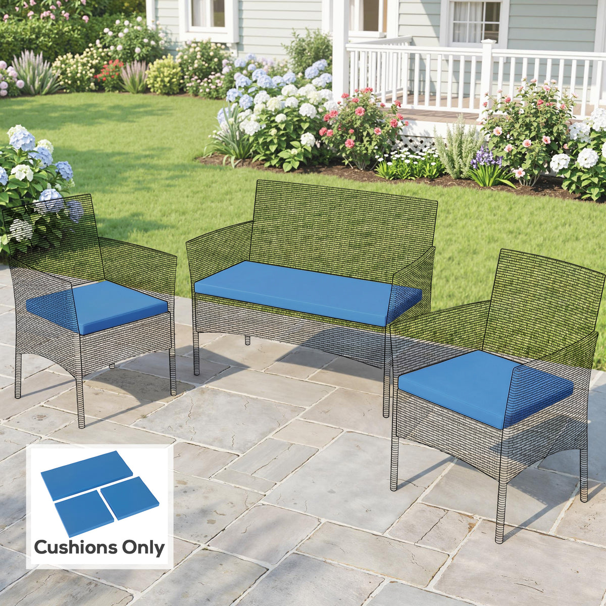 Outsunny Outdoor Seat Cushion Pads for Rattan Furniture, 3 PCs Garden Furniture Cushions,  Sky Blue