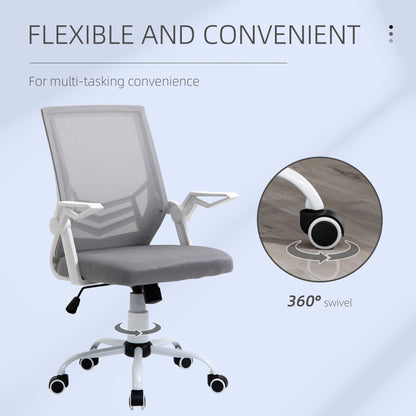 Vinsetto Office Chair with Flip-up Armrest, Mid Back Desk Chair with Mesh Back, Lumbar Support, Adjustable Height, Swivel Wheels for Home, Grey