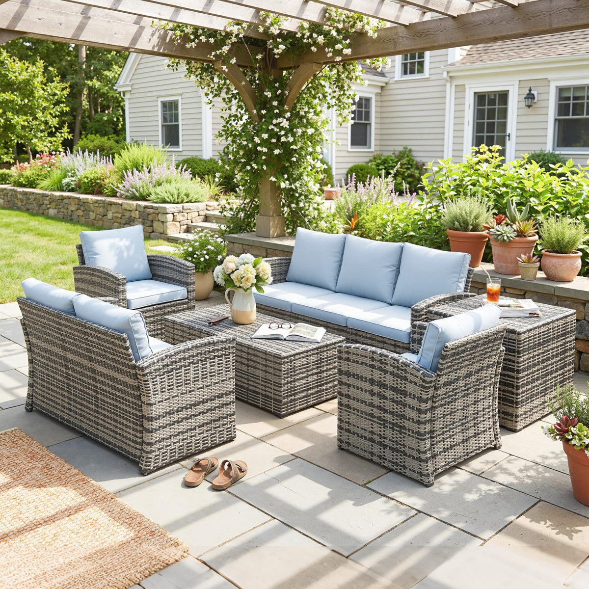 Outsunny 6 Pieces Rattan Garden Furniture Set, 7 Seater Wicker Outdoor Furniture Set with Storage Tea Table & Side Table, Sectional Garden Sofa Set with Cushions, Grey