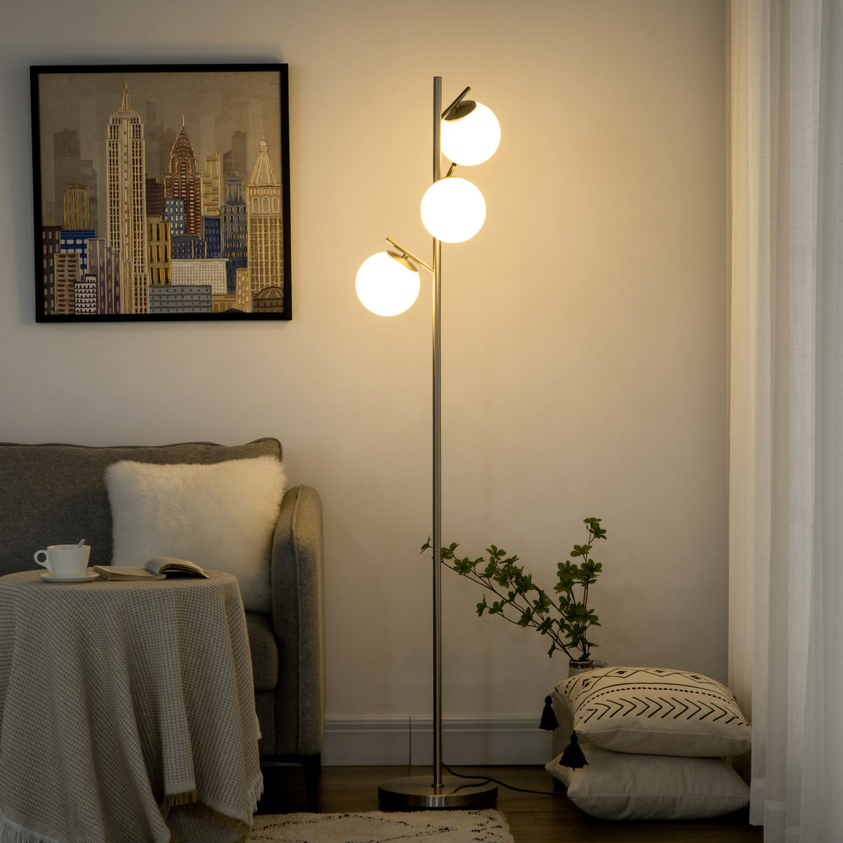 HOMCOM 3-Light Tree Floor Lamps for Living Room, Modern Standing Lamp for Bedroom with Globe Lampshade, Steel Base, Bulb not Included, Silver Tone