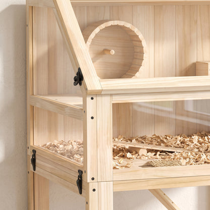 PawHut Wooden Hamster Cage with Detachable 31cm Deep Bottom, Hut, Seesaw, Exercise Wheel, Ramp, 80 x 50 x 76cm, Natural