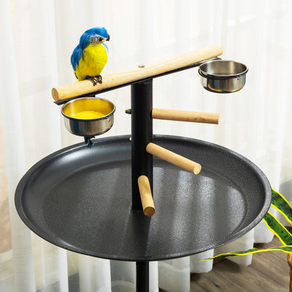 PawHut Parrot Perch Stand, Large Bird Play Stand, Metal Bird Table Feeder Station with Stainless Steel Bowls, Four Wheels, Round Tray, Black