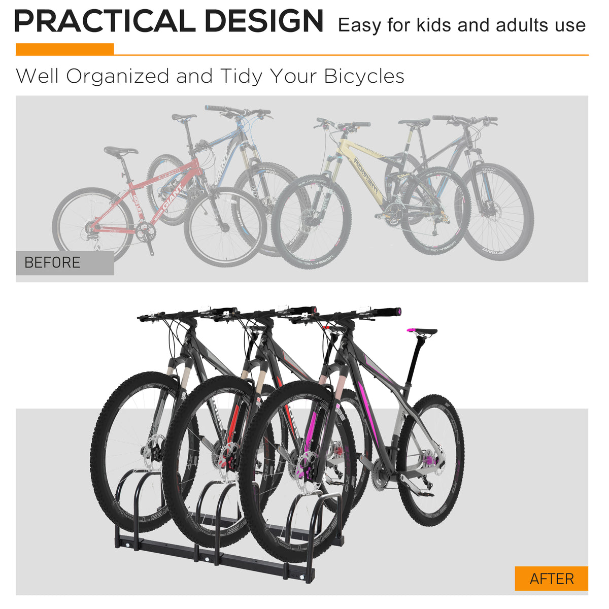 HOMCOM Bike Stand Parking Rack Floor or Wall Mount Bicycle Cycle Storage Locking Stand 76W x 33D x 27H (3 Racks, Black)