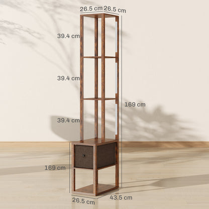 HOMCOM Floor Lamp with Shelves, LED Column Modern Standing Lamp with Fabric Drawer, Adjustable Brightness, Foot Switch for Living Room, Bedroom, Office, Rustic Brown